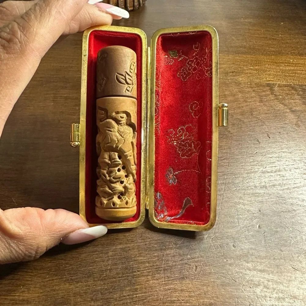 Vintage Carved Wood Asian Rubber Stamp & Original Case Signature “ MARY”